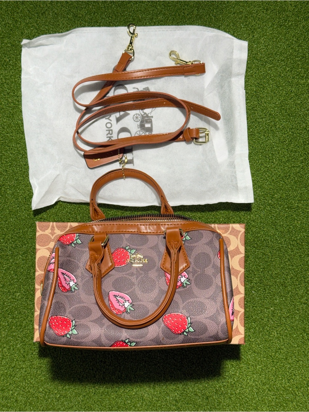 Coach Strawberries Signature Brown Satchel with Brown Trim